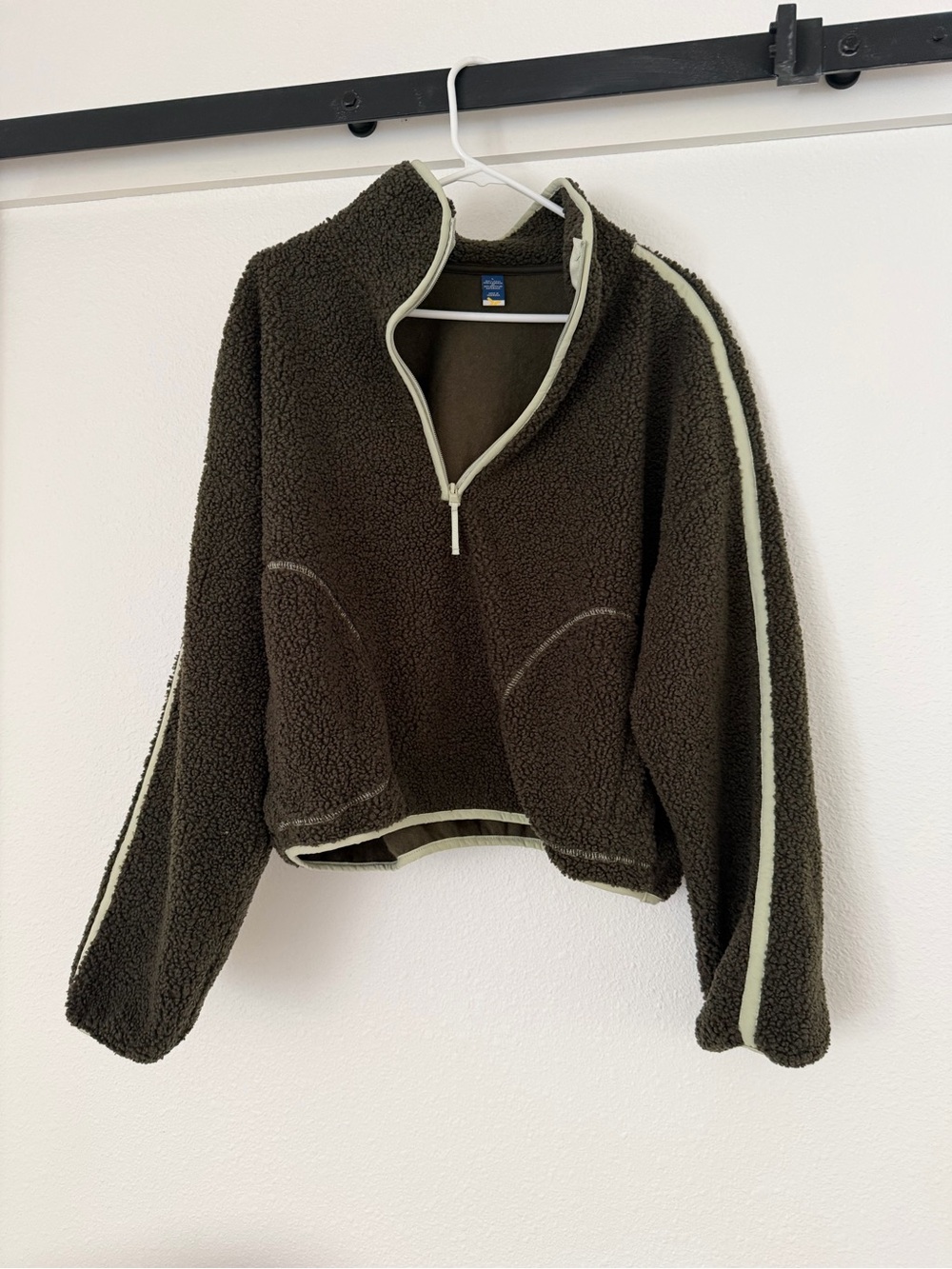 Old Navy Olive Teddy Half-Zip Jacket with Cream Trim